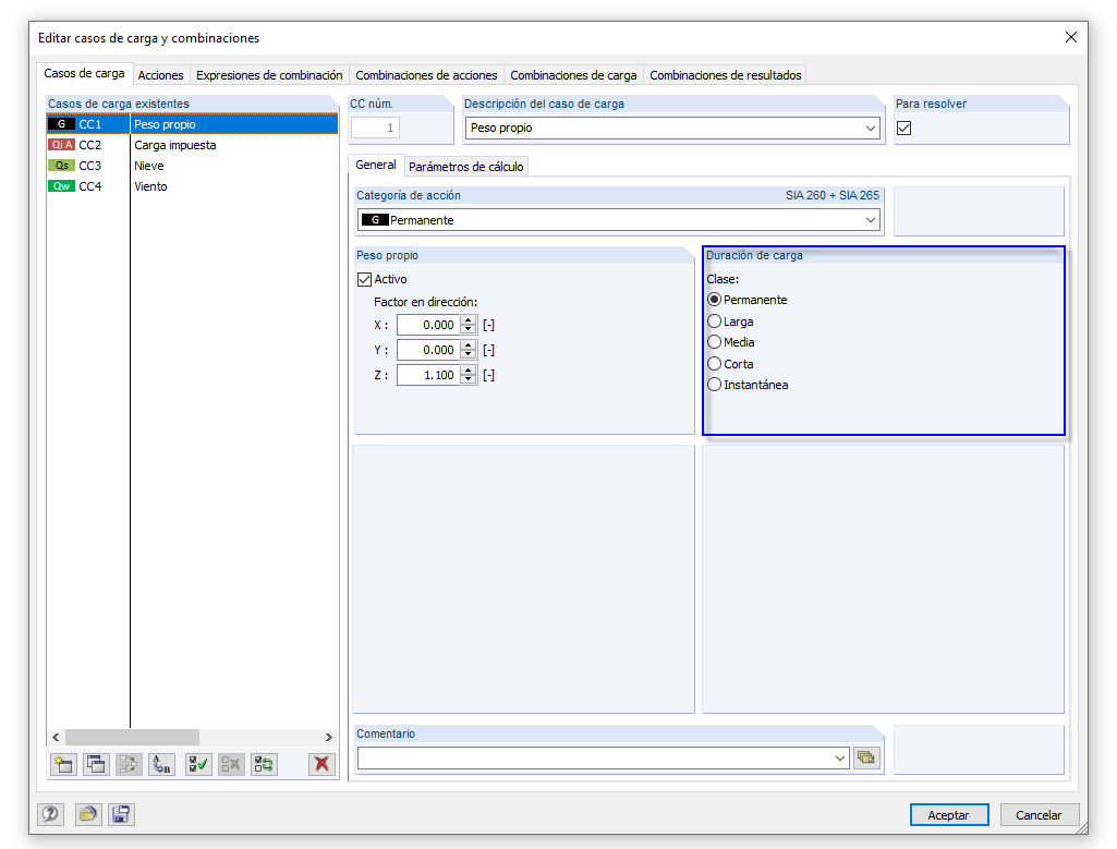 Zuordnung der Einwirkungsdauer für die Lastfälle