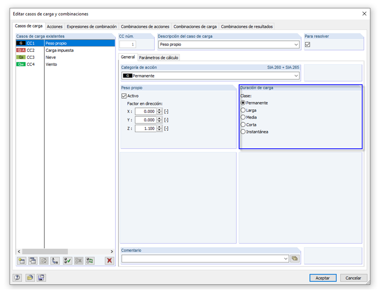 Zuordnung der Einwirkungsdauer für die Lastfälle