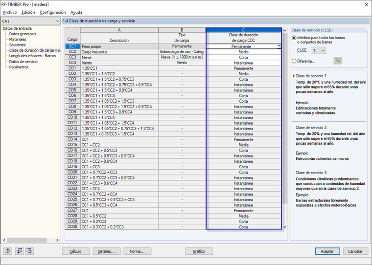 Zuordnung der Lasteinwirkungsdauer für die einzelnen Lastkombinationen