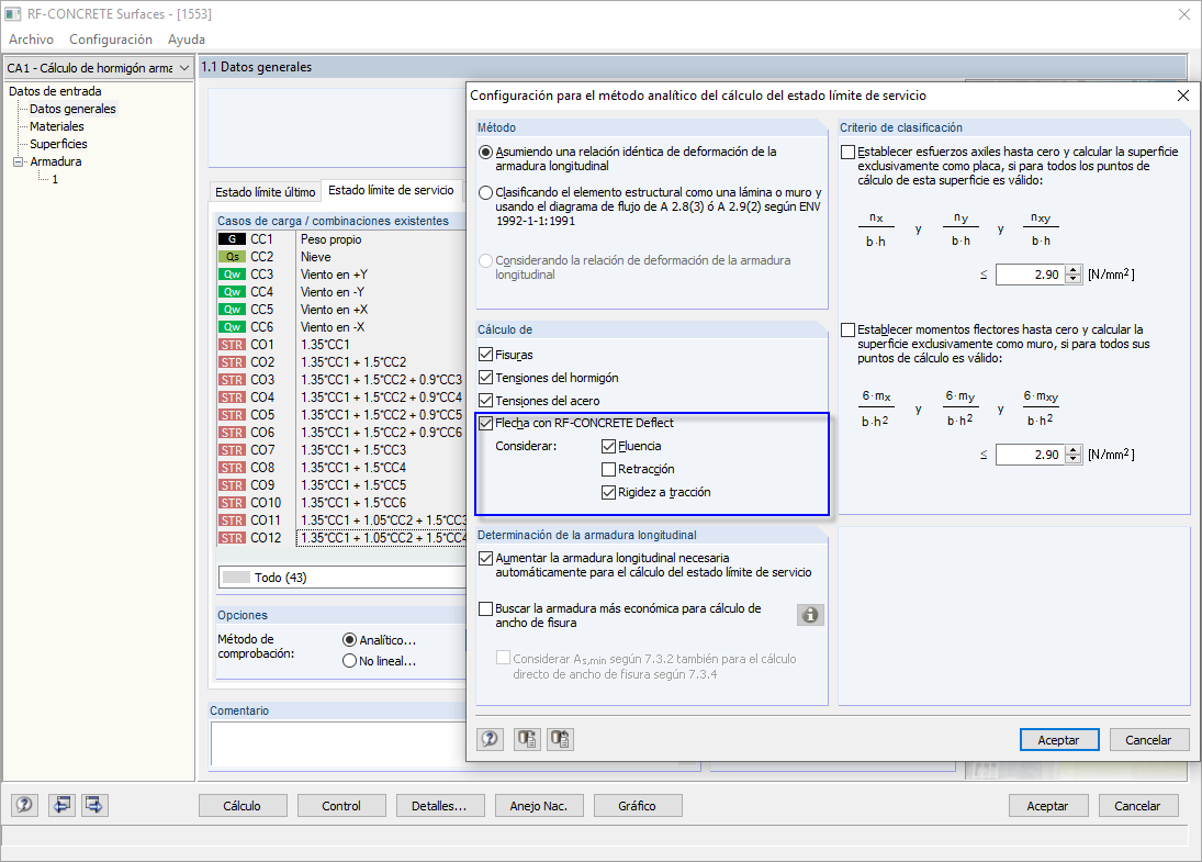 Configuración para el análisis de deformaciones con RF-CONCRETE Deflect