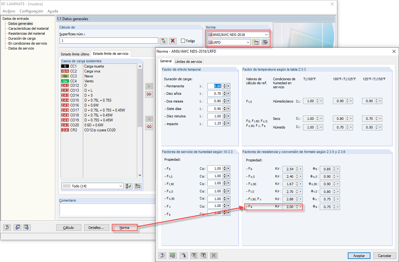 Factor de conversión de formato, KF, cuando se calcula según la norma NDS de 2018 y LRFD en RF-LAMINATE
