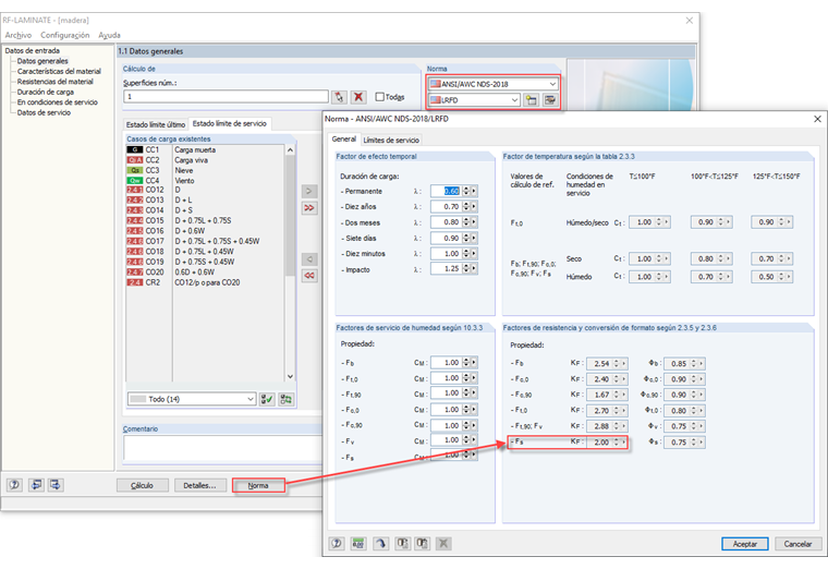Factor de conversión de formato, KF, cuando se calcula según la norma NDS de 2018 y LRFD en RF-LAMINATE