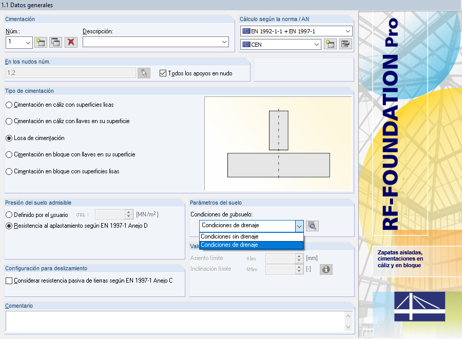 Selección de "Drenado" y "No drenado"