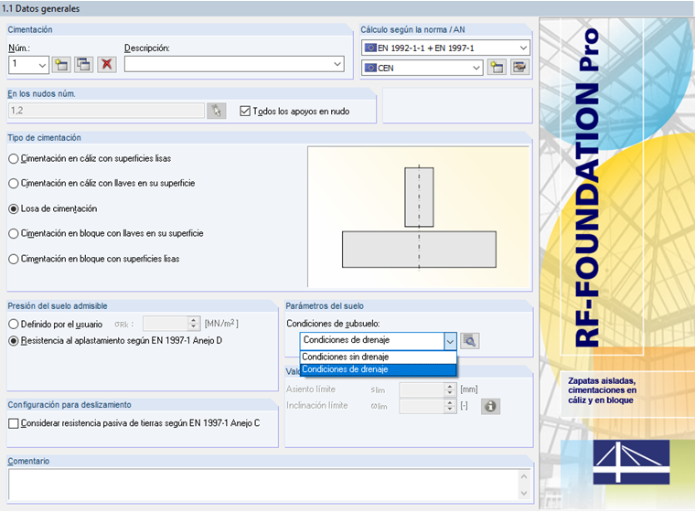 Selección de "Drenado" y "No drenado"