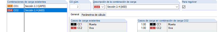Combinación de cargas 2 según ASD
