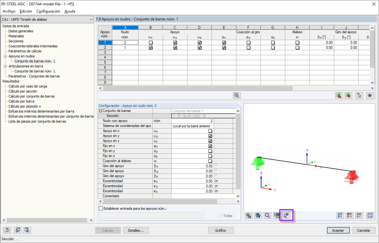 Entrada de los apoyos en nudo