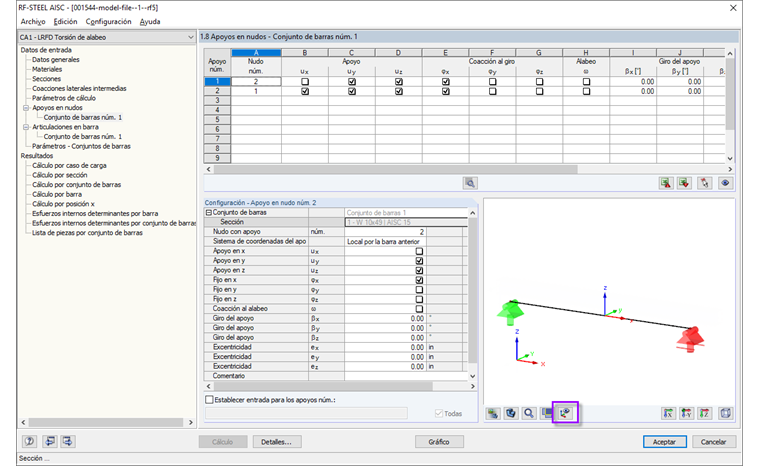 Entrada de los apoyos en nudo
