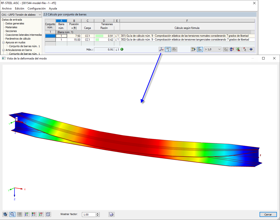 Gráfico vista parcial de la deformada del modo