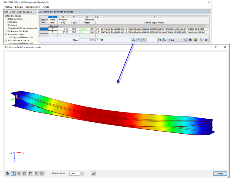Gráfico vista parcial de la deformada del modo