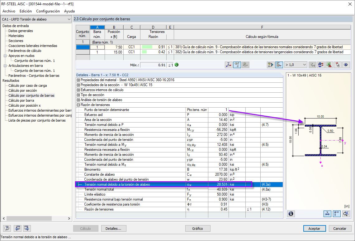 Tensión normal en el punto determinante según LRFD