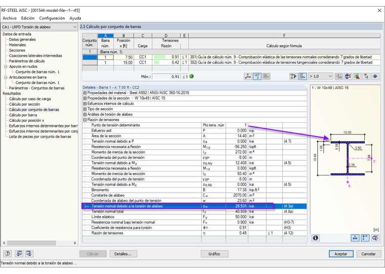 Tensión normal en el punto determinante según LRFD