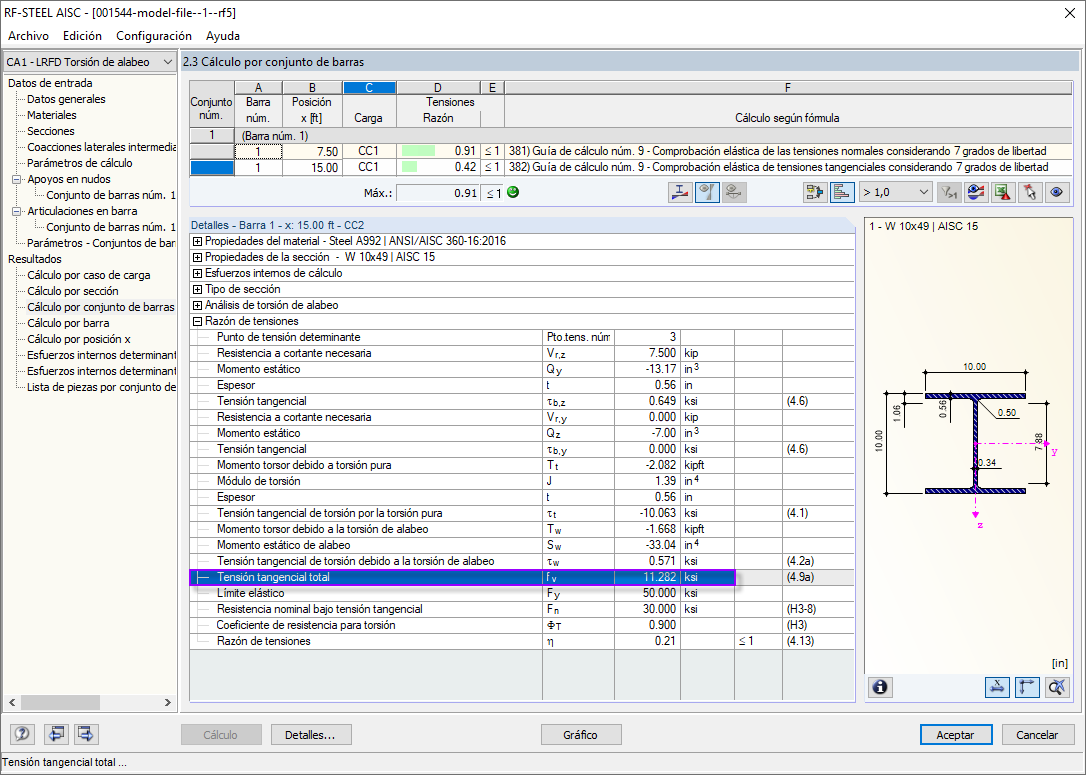 Tensión tangencial en el punto determinante según LRFD