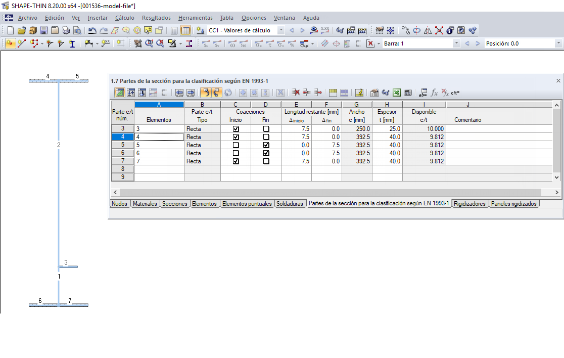 Partes de la sección para la clasificación