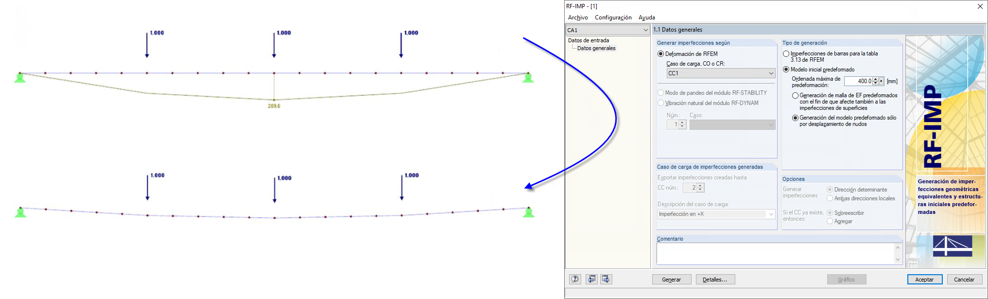 Deformación previa con desplazamiento de los nudos