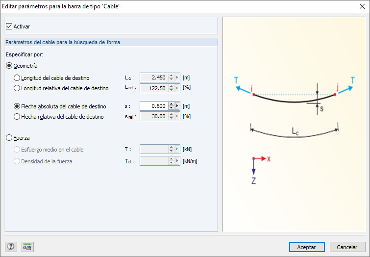 Parámetros del cable para la búsqueda de forma