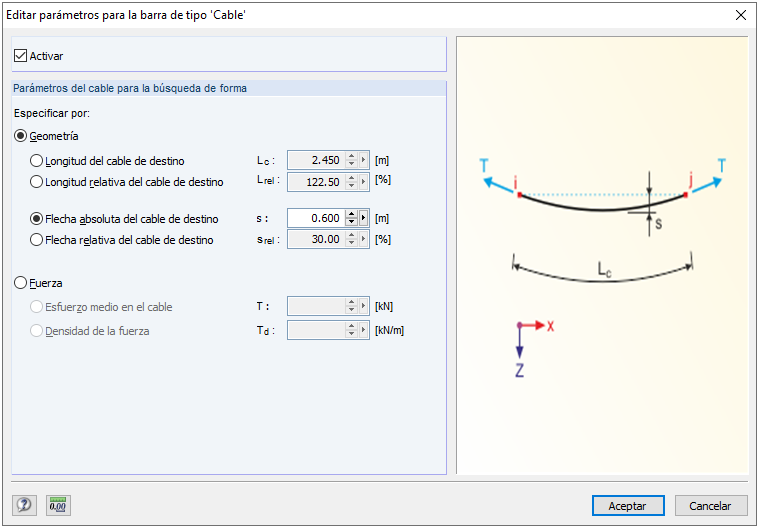 Parámetros del cable para la búsqueda de forma