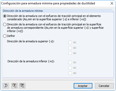 Configuración: Dirección de la armadura con el esfuerzo de tracción principal en el elemento considerado