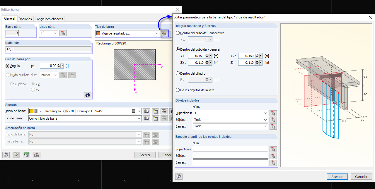 Parámetros de integración de la viga resultante