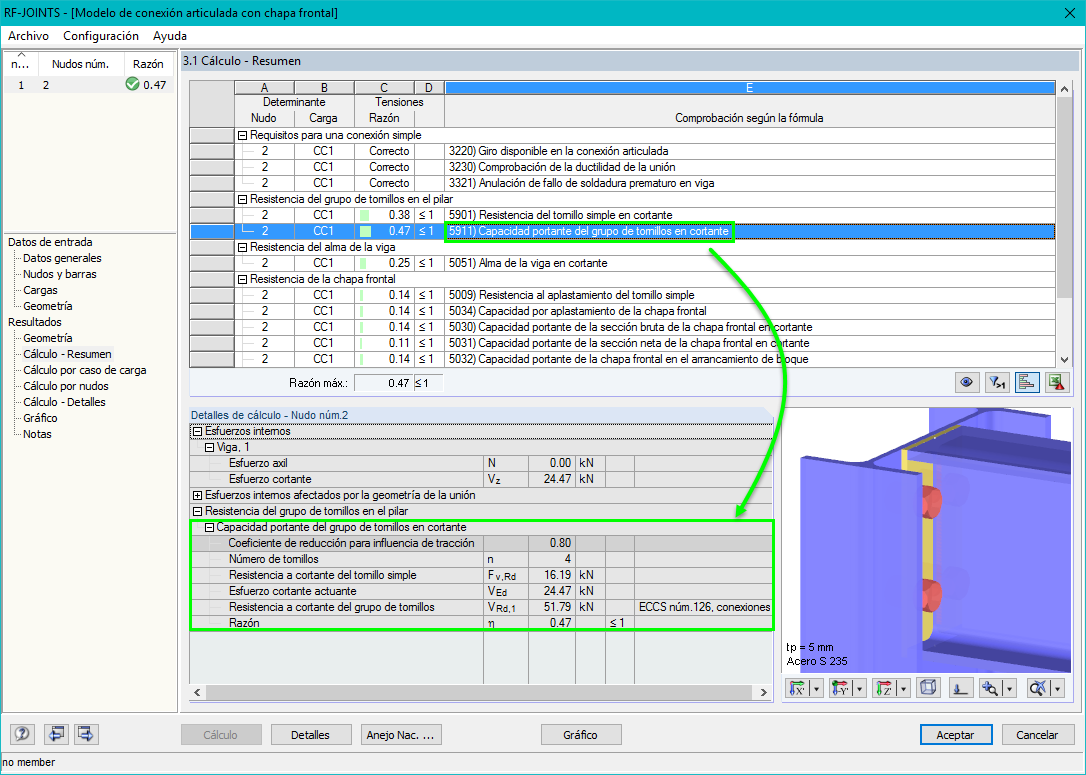 Zusammenfassung der Nachweise in RF-JOINTS Stahl - Gelenkig
