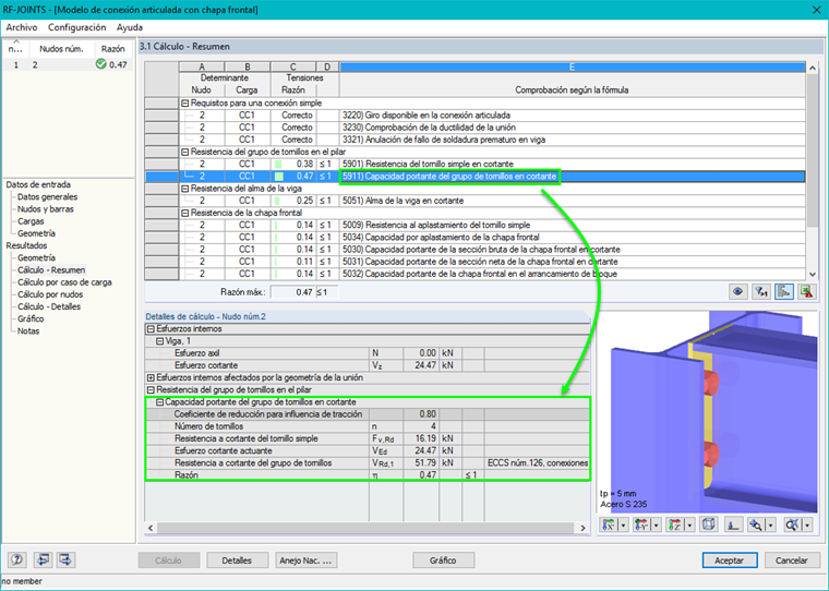 Zusammenfassung der Nachweise in RF-JOINTS Stahl - Gelenkig