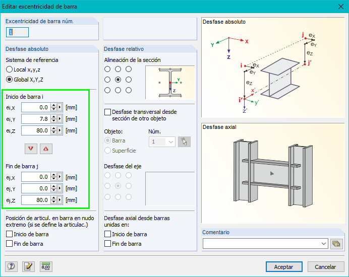 Definición de la excentricidad de barra en la viga