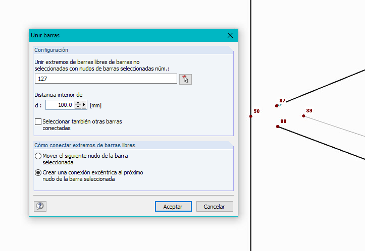 Ampliación de los extremos de barras libres y fusión en un nudo común