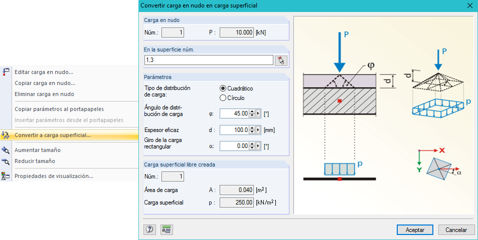 Conversión de carga en nudo a carga superficial