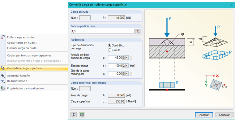 Conversión de carga en nudo a carga superficial