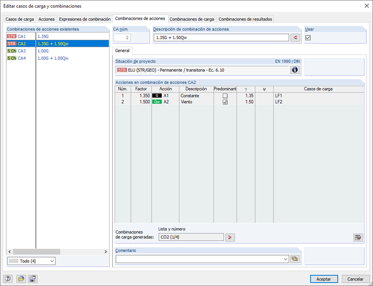 Casos de carga y combinaciones