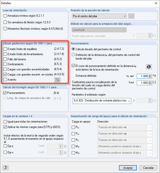Configuración en los detalles del cálculo