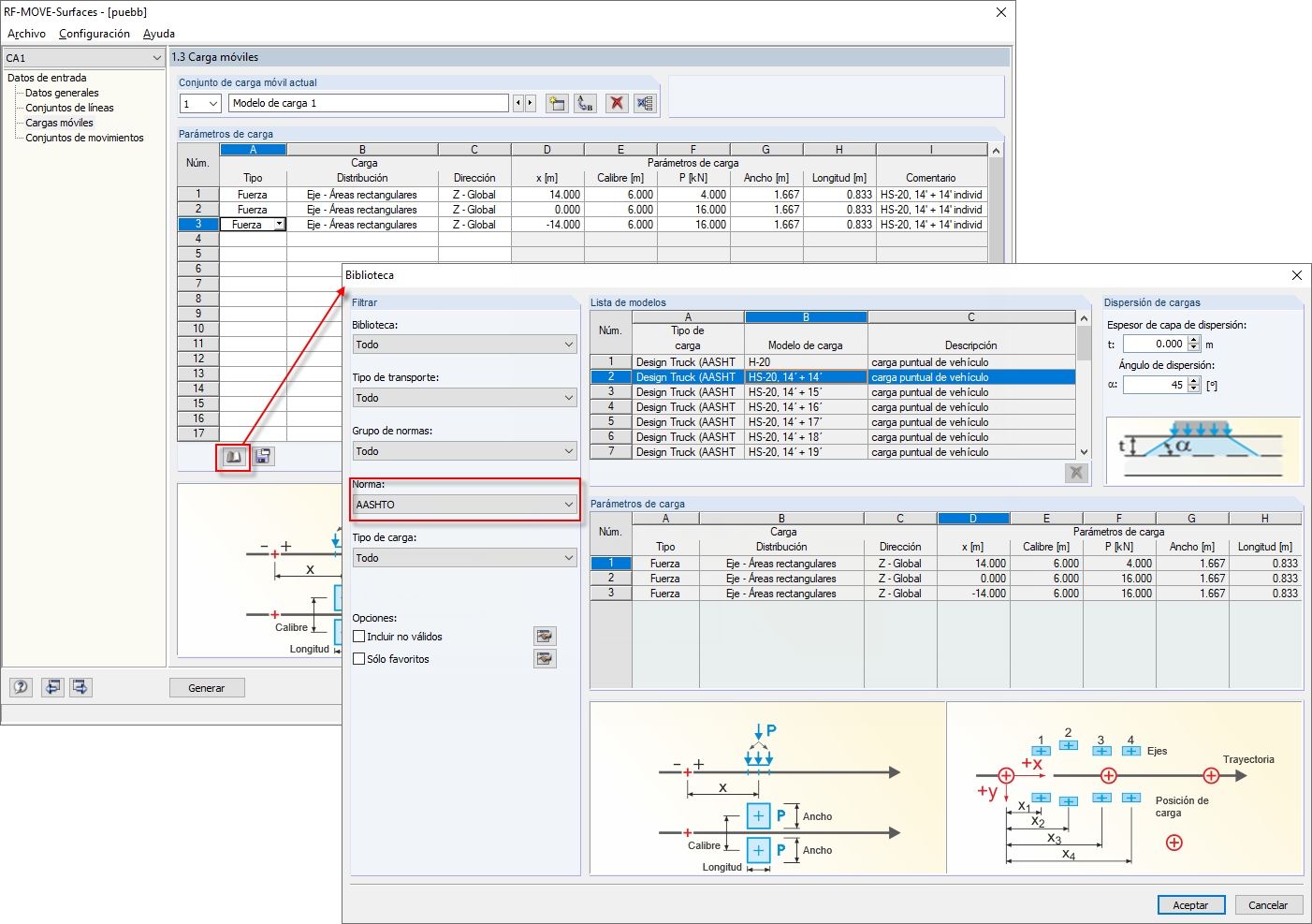 Wanderlastenbibliothek nach den Normen AASHTO und AREMA