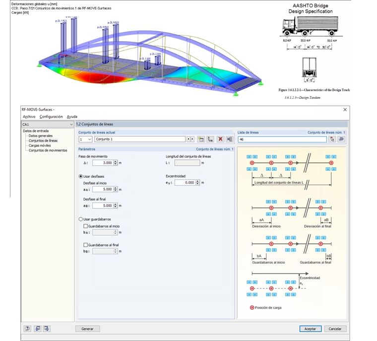 Casos de cargas móviles generados desde RF-MOVE Surfaces en el modelo RFEM