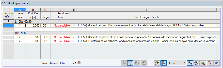 Resultado del intento de cálculo sin éxito