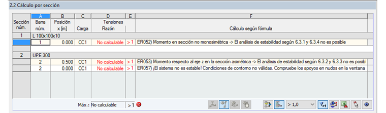 Resultado del intento de cálculo sin éxito