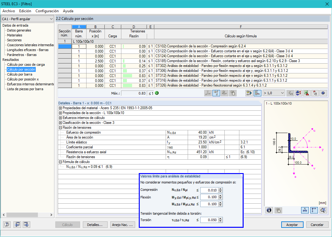 Valores límite del caso 1 y análisis de pandeo con éxito