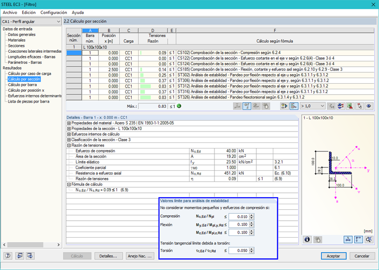 Valores límite del caso 1 y análisis de pandeo con éxito