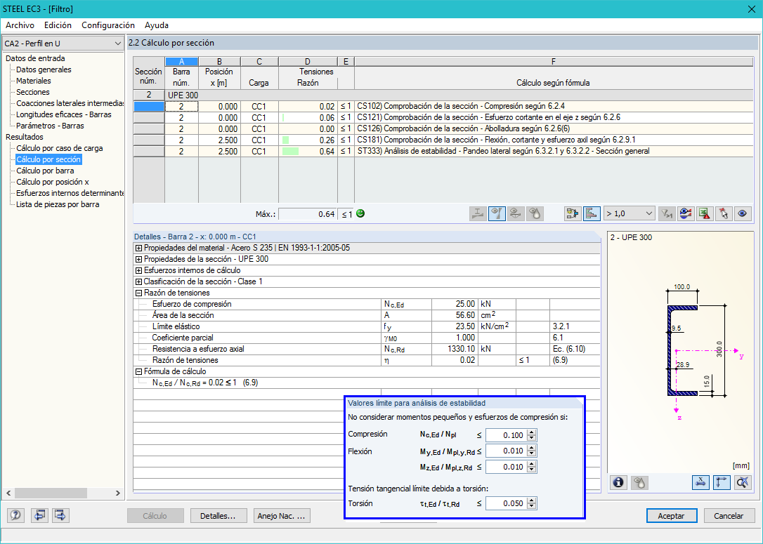 Valores límite del caso 2 y análisis de pandeo lateral con éxito
