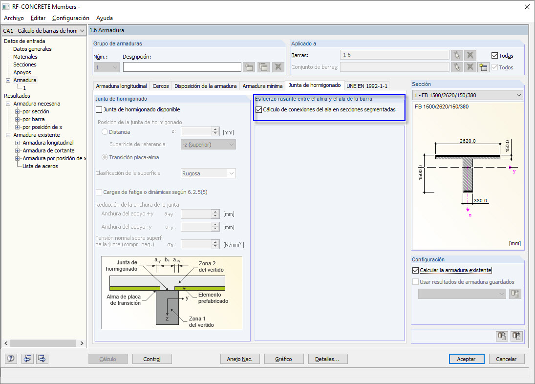 Aktivierung der Berücksichtigung von Schubkräften zwischen Steg und Gurten in RF-BETON Stäbe