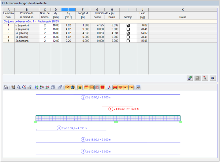 Ventana "3.1 Armadura longitudinal existente" en CONCRETE