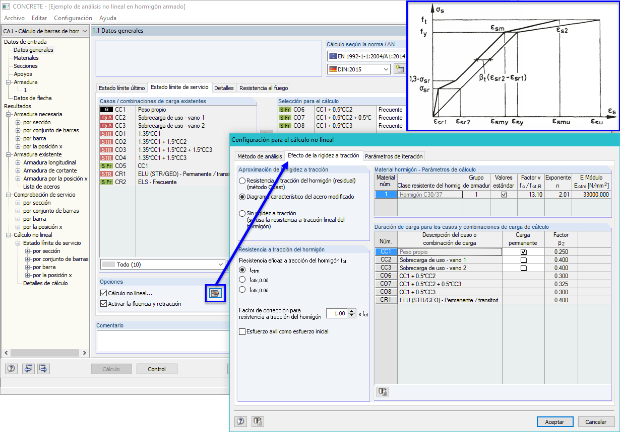 Ventana "1.1 Datos generales" para el estado límite de servicio con configuración para el cálculo no lineal según [2]