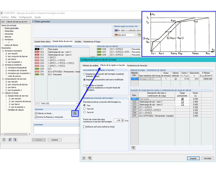 Ventana "1.1 Datos generales" para el estado límite de servicio con configuración para el cálculo no lineal según [2]