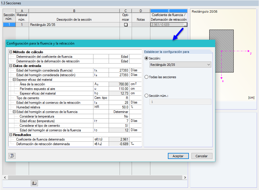 Ventana "1.3 Secciones" con configuración para la fluencia y la retracción