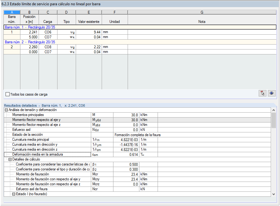 Ventana "6.2.3 Estado límite de servicio para cálculo no lineal por barra"