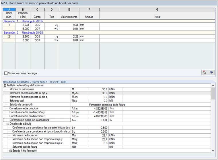 Ventana "6.2.3 Estado límite de servicio para cálculo no lineal por barra"