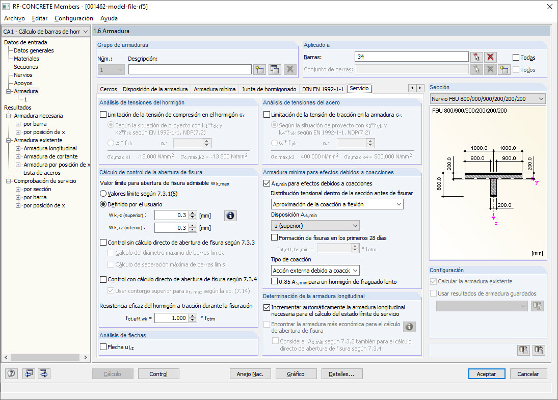 Opciones para la armadura mínima en el módulo RF-CONCRETE Members