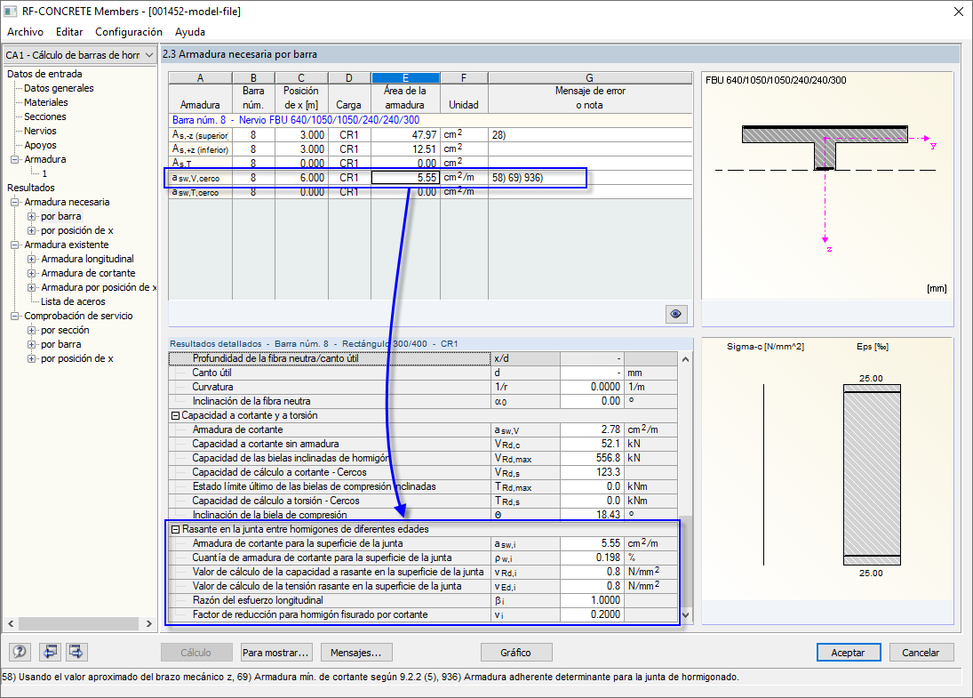 Ergebnisausgabe für die Schubfugenbemessung
