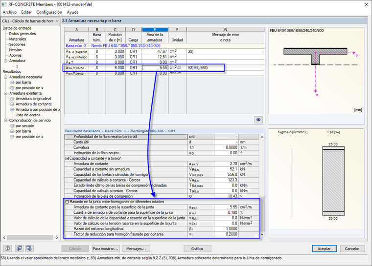 Ergebnisausgabe für die Schubfugenbemessung