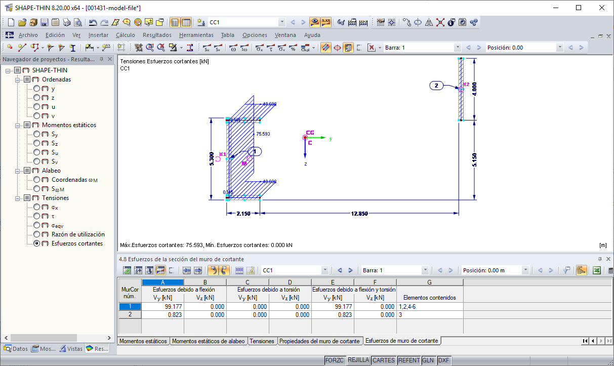 Esfuerzos de la sección del muro de cortante