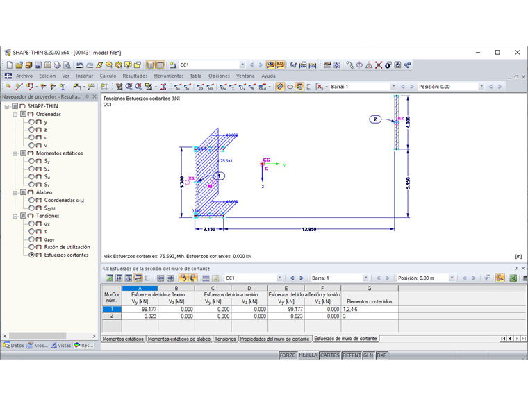 Esfuerzos de la sección del muro de cortante