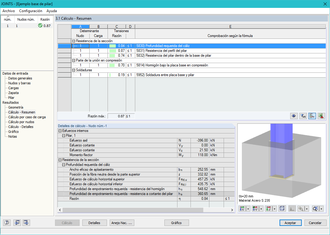 Ventana 3.1 Cálculo - Resumen incluyendo los detalles de la profundidad requerida del cáliz